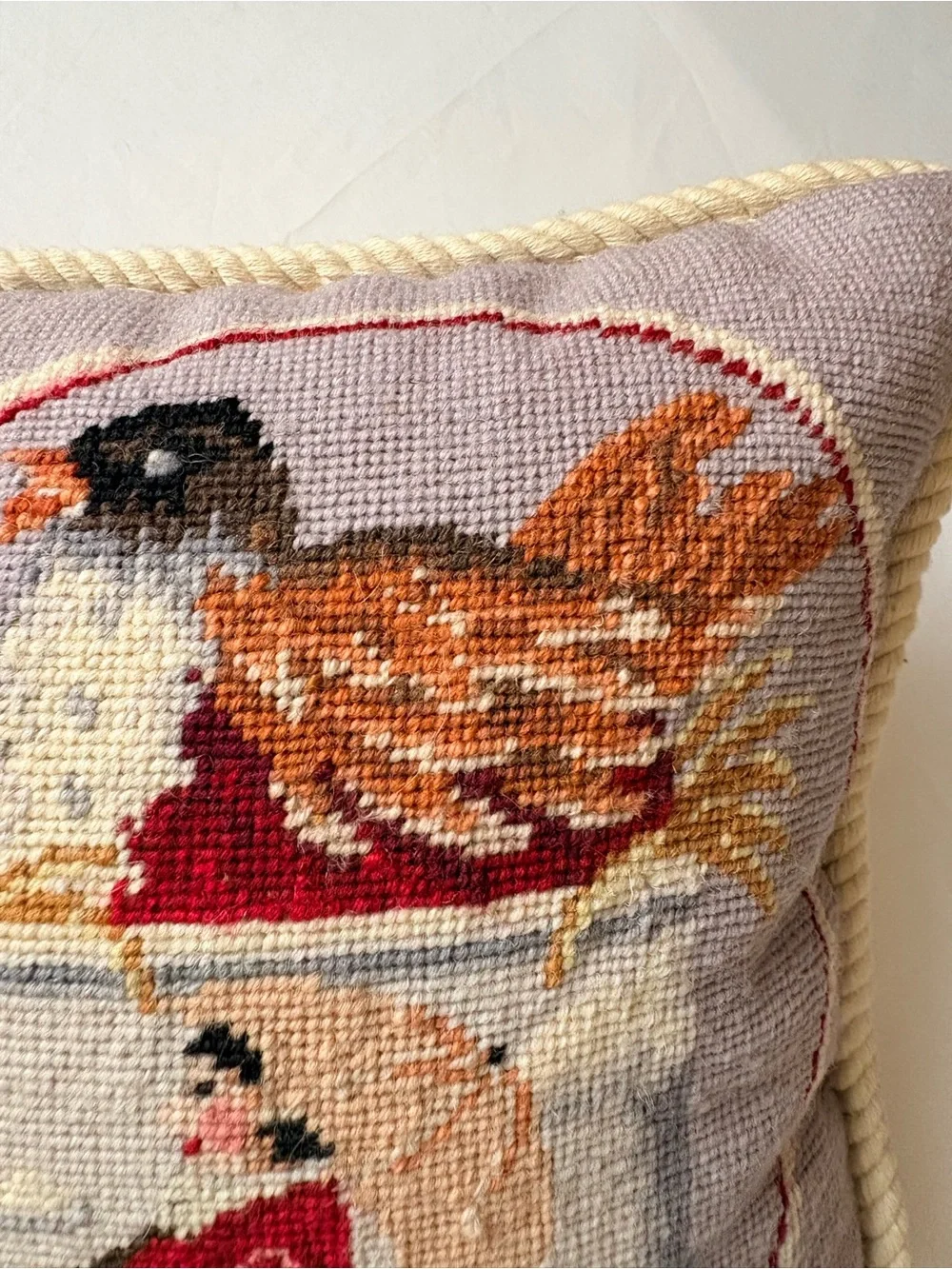Handmade Lavender Needlepoint Pillow with Girl in Red Dress & a Bird Motif